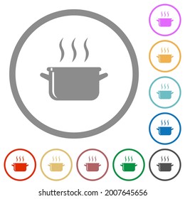 Steaming glossy pot flat color icons in round outlines on white background