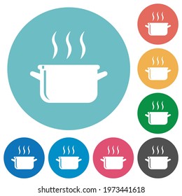 Steaming glossy pot flat white icons on round color backgrounds