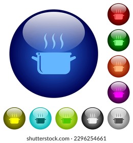 Steaming glossy pot icons on round glass buttons in multiple colors. Arranged layer structure