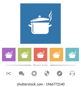 Steaming glossy pot with lid flat white icons in square backgrounds. 6 bonus icons included.
