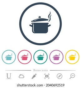 Steaming glossy pot with lid flat color icons in round outlines. 6 bonus icons included.