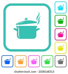Steaming glossy pot with lid vivid colored flat icons in curved borders on white background