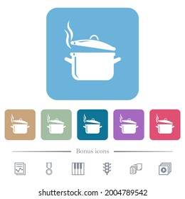 Steaming glossy pot with lid white flat icons on color rounded square backgrounds. 6 bonus icons included