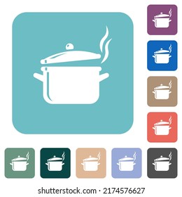 Steaming glossy pot with lid white flat icons on color rounded square backgrounds