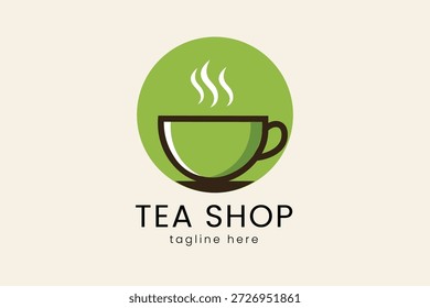 Steaming green tea cup icon inside a circular frame Vector logo template