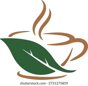 Steaming herbal tea cup with fresh green leaf, symbolizing natural warmth and organic beverage