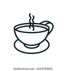 Steaming hot beverage in cup and saucer line art icon