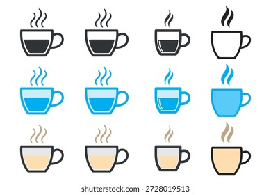 Steaming hot beverage cups in various colors and styles, perfect for coffee and tea icons