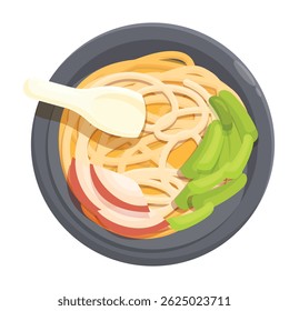 Steaming hot bowl of ramen noodles being prepared with pork, green onions, and broth