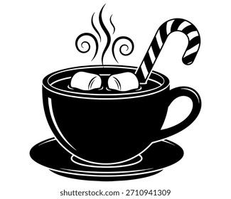 Steaming hot chocolate or coffee mug silhouette with floating marshmallows and a candy cane stick, vector illustration of a cozy winter beverage icon.