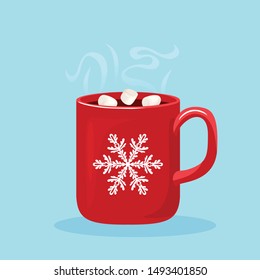 Steaming hot chocolate with marshmallows in red cup with white snowflake. Hot winter drink on blue background. Vector illustration of sweet cocoa in cartoon flat style