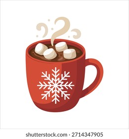 Chocolate caliente humeante en taza roja del copo de nieve con el Arte vectorial de fusión de los malvaviscos aislado en el fondo blanco