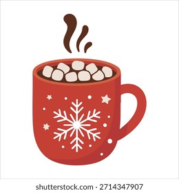 Chocolate caliente humeante en taza roja del copo de nieve con el Arte vectorial de fusión de los malvaviscos aislado en el fondo blanco