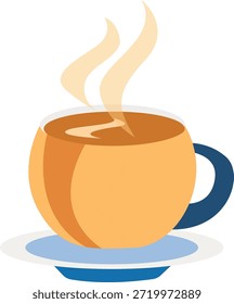 Taza de café caliente al vapor en platillo, ilustración