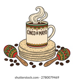 Steaming hot coffee cup sitting on corn tortillas surrounded by musical maracas and roasted coffee beans.