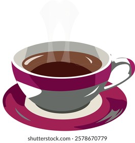 Steaming hot coffee cup, vibrant maroon and gray tones, cozy morning vibes, caffeine boost, aromatic beverage, relaxation.