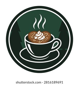 A steaming hot coffee cup with whipped cream on a saucer, in a dark green circular logo