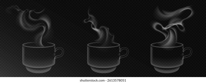 Steaming hot coffee cups set - wispy smoke trails rising from mugs, swirling vapor pattern on dark background. Realistic aromatic beverage or food aroma, morning tea break, cafe menu design element.