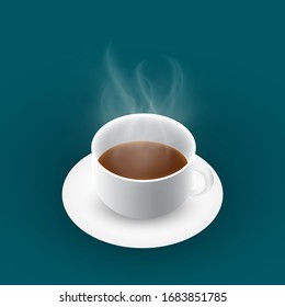 Steaming hot coffee in white cup with plate. 3D realistic illustration. Isolated background.