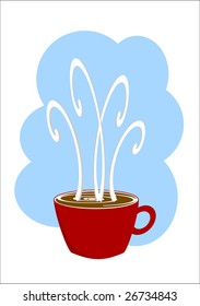 A steaming hot cup of coffee abstract cartoon illustration on a white background