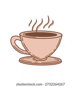 Cozinhando xícara quente de café em um pires, ilustração de bebida quente e convidativa