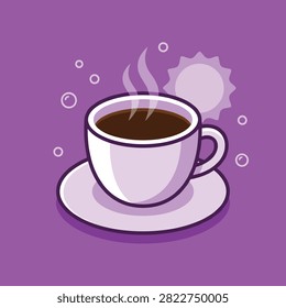 A steaming hot cup of coffee with a saucer in vector art illustration