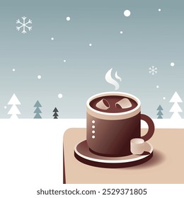 A steaming hot cup of coffee sits on a table against a snowy winter backdrop. Snowflakes gently fall as evergreen trees dot the serene, cold landscape, creating a cozy, warm ambiance.