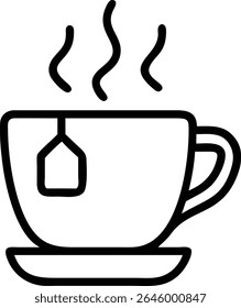 A steaming hot cup of tea with a tea bag, perfect for illustrating beverage concepts and relaxing moments. Vector graphic design element.
