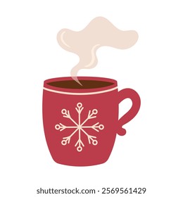 Steaming hot drink in a red cup with white snowflake. Hot winter drink on white background. Sweet cocoa vector illustration in flat style.