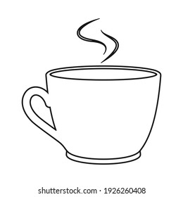 Steaming hot mug of coffee or tea cup in outline vector icon