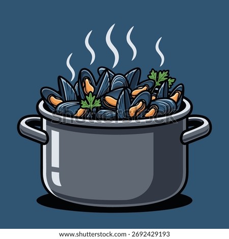 A steaming hot pot of freshly cooked mussels, a classic seafood dish known as moules marinières, garnished with fresh herbs. A delicious and elegant meal. Vector Illustration