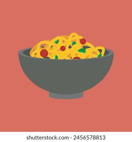 Steaming hot spaghetti in orange bowl, vector, color drawing or illustration.