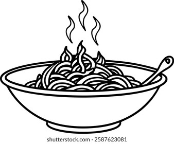 Steaming hot stir fry illustration black and white asian cuisine line drawing