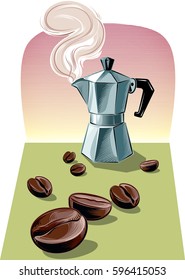 Steaming Italian coffee maker.