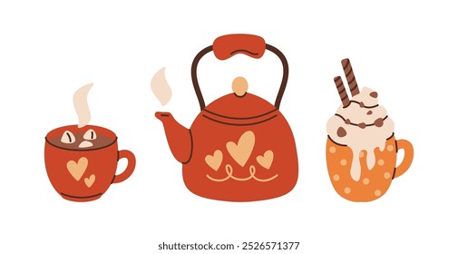 Steaming kettle with cocoa mugs flat color vector objects set. Christmas hot chocolate with marshmallows and whipped cream illustrations on white