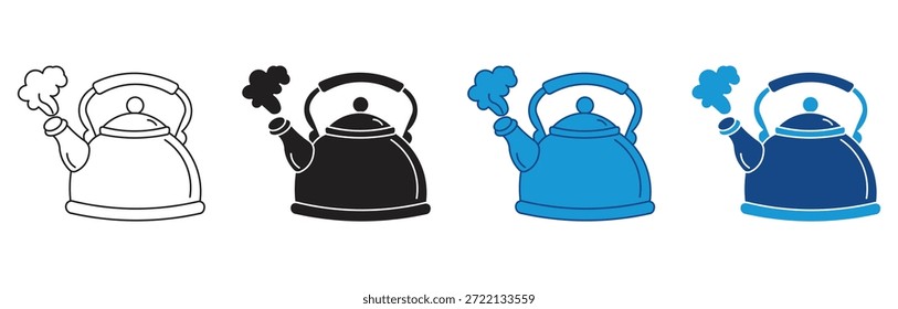 Ícone de chaleira no vapor.  Bule , chaleira, ícone de linha de chaleira de chá isolado no fundo branco. Ilustração vetorial.