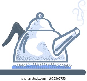 hervidor de agua al vapor en una quemadora de gas. dibujo a mano en tonos azules sobre un fondo blanco. vector
