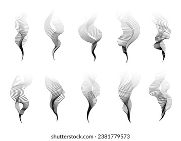 Steaming lines sign set. Black and white smoke smells line symbols collection isolated vector illustration