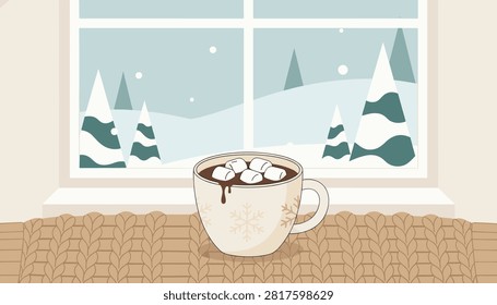 Steaming mug of hot cocoa topped with marshmallows sitting on a textured knitted fabric in front of a snowy winter landscape window.