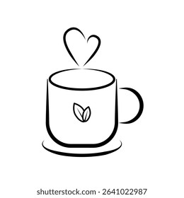 Steaming Mug with Leaf - Vector Illustration. Minimalist line art illustration of a steaming hot tea mug with a delicate leaf design, perfect for wellness, cafe, or organic beverage concepts.