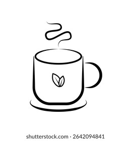 Steaming Mug with Leaf - Vector Illustration. Minimalist line art illustration of a steaming hot tea mug with a delicate leaf design, perfect for wellness, cafe, or organic beverage concepts.