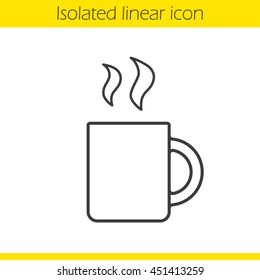 Steaming mug linear icon. Thin line illustration. Hot tea cup contour symbol. Vector isolated outline drawing
