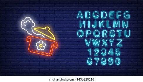 Steaming pan neon sign. Cooking, kitchen and restaurant advertisement design. Night bright neon sign, colorful billboard, light banner. Vector illustration in neon style.