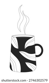 Steaming patterned coffee mug 2D line object. Cozy morning beverage. Caffeine break. Tea cup. Coffeecup with rising steam isolated clipart vector ink outline item. Monochrome spot illustration