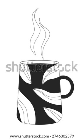 Steaming patterned coffee mug 2D line object. Cozy morning beverage. Caffeine break. Tea cup. Coffeecup with rising steam isolated clipart vector ink outline item. Monochrome spot illustration