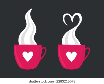 Steaming pink cups with a heart. Vector isolated illustration of cute cups. Cup with steam. Isolated. Steam in the form of a heart.