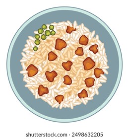Steaming plate of rice topped with peas, carrots, and meat, perfect for a delicious and satisfying meal