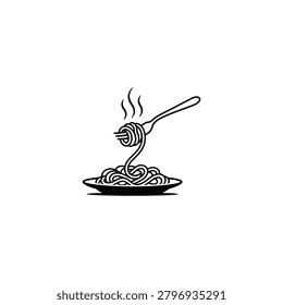 Steaming plate of spaghetti on fork