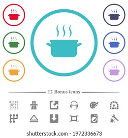 Steaming pot flat color icons in circle shape outlines. 12 bonus icons included.