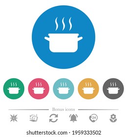 Steaming pot flat white icons on round color backgrounds. 6 bonus icons included.